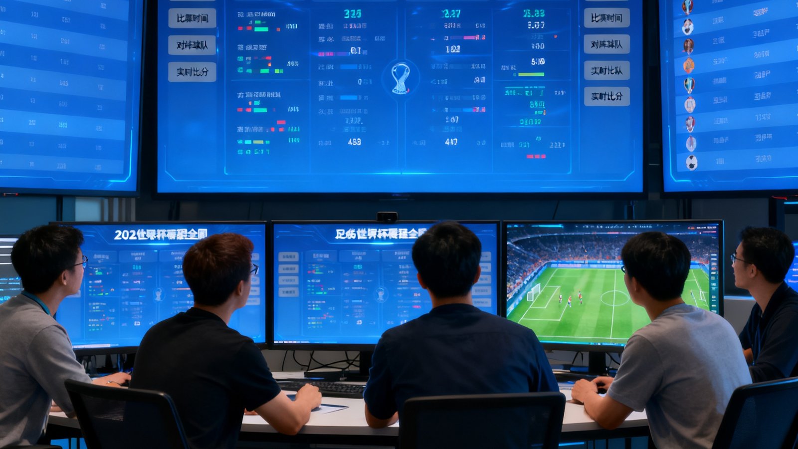 足球视界团队在数据工作室中讨论2026世界杯赛程全图的交互设计，多屏显示实时数据